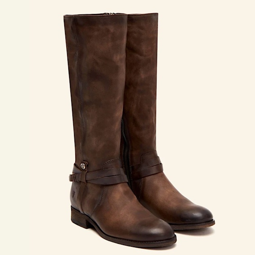 $398 Frye Melissa Belted Burgundy Brown Fall Knee High Tall Leather Riding Boots - Picture 2 of 16
